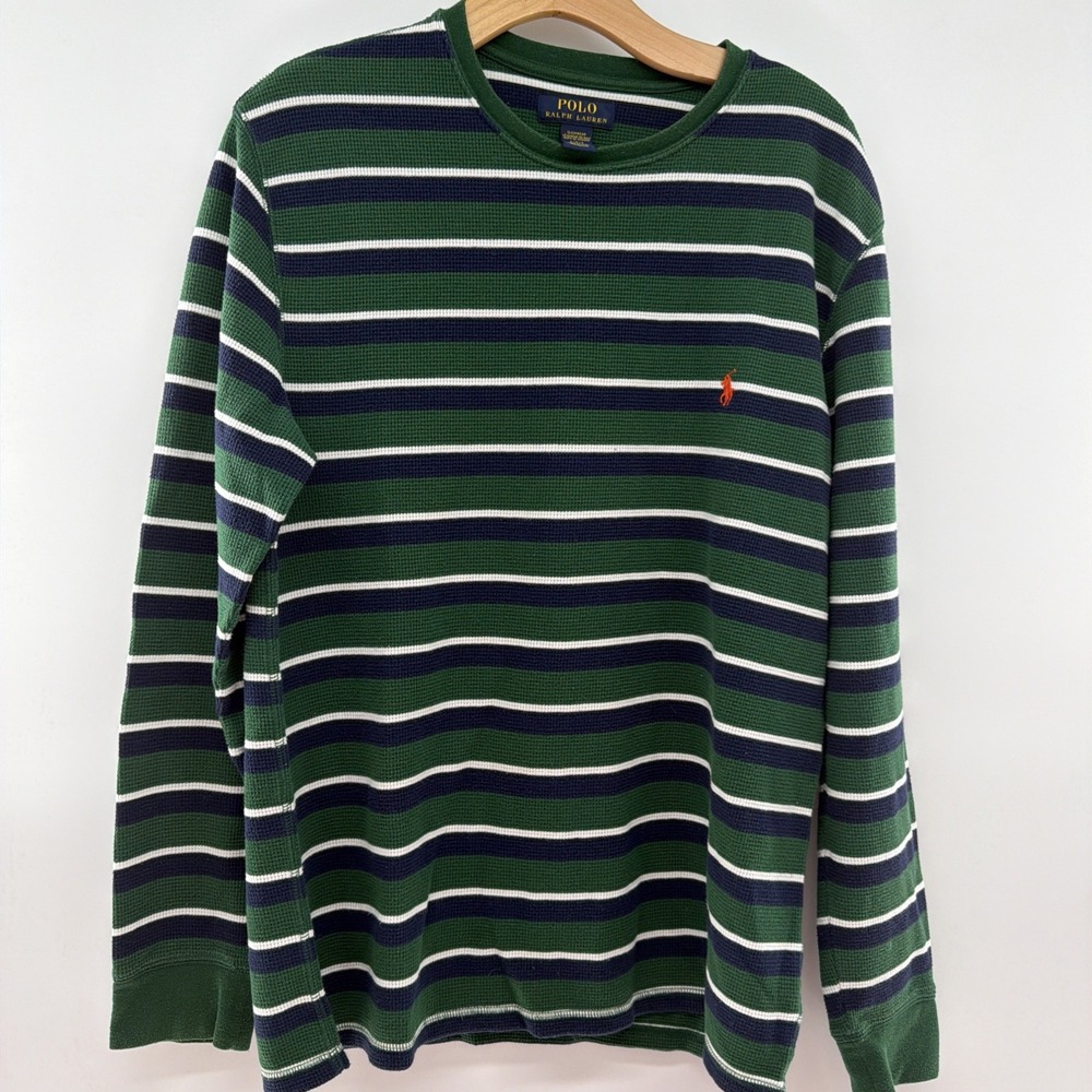 Polo Ralph Lauren Men's Green/navy/White Striped Long Sleeve Thermal Knit Sleep